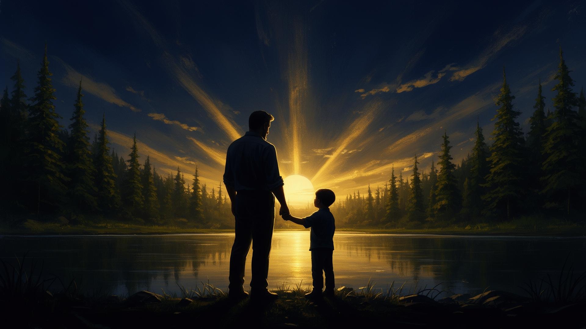 Father and child at sunset by a lake